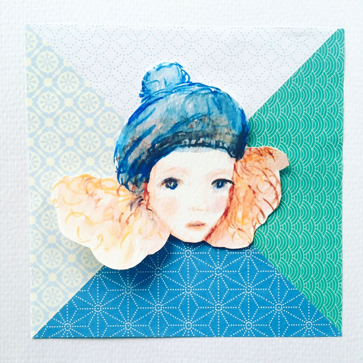 Watercolour portrait on origami paper background